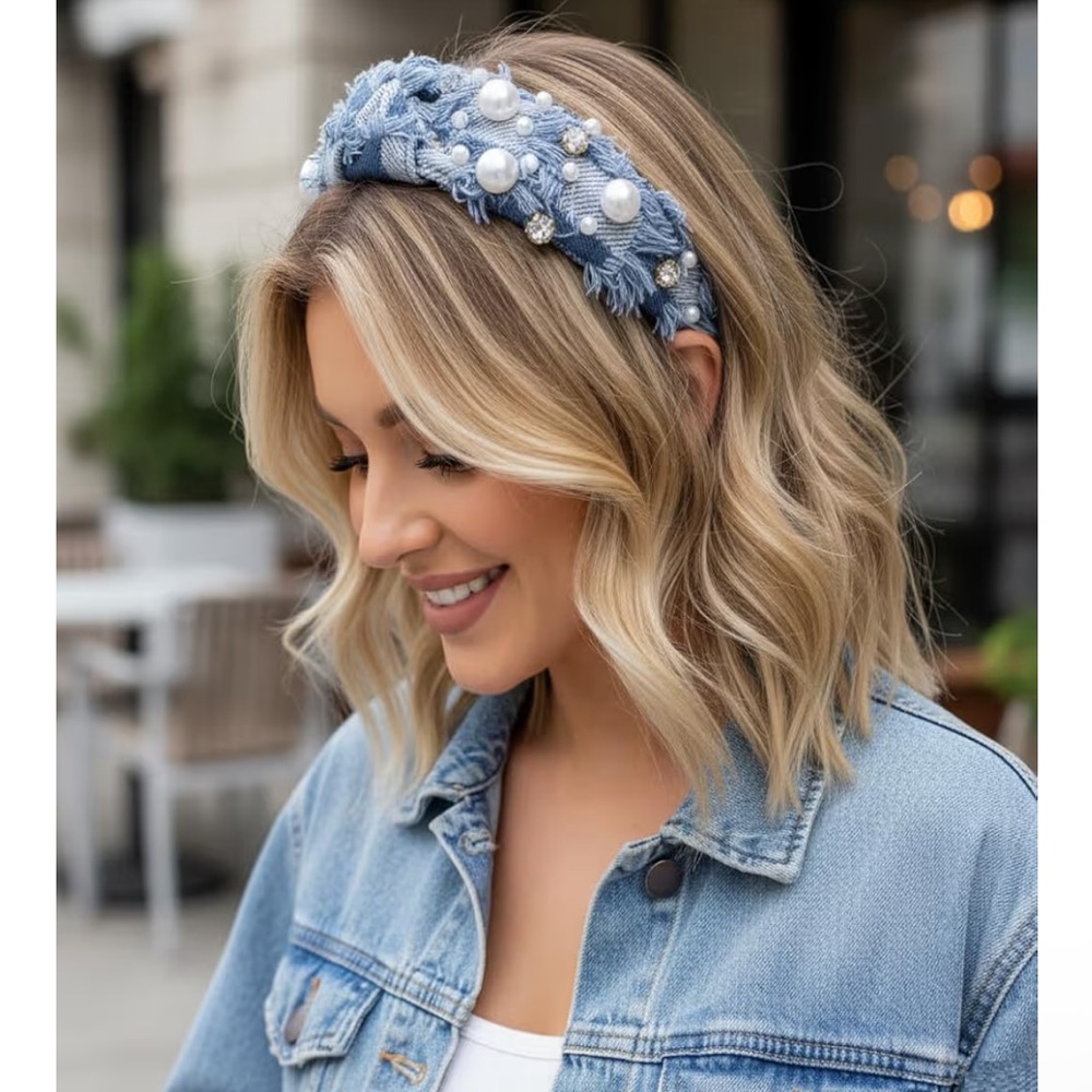 Light Denim Pearl Embellished Headband - Picture 4 of 7